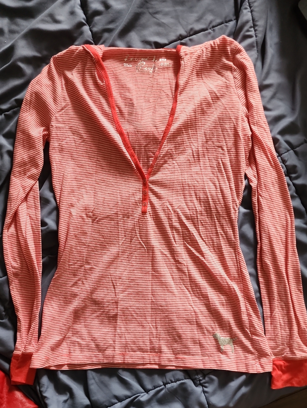 PINK Victoria's Secret Coral/red And White Striped Long-Sleeve Henley